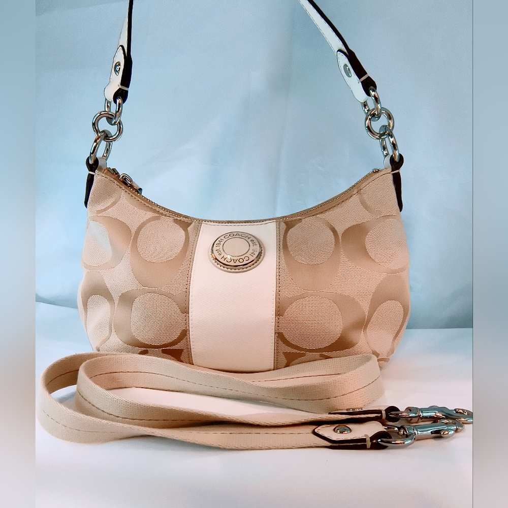 COACH Vintage (2012) Signature Stripe Demi Hobo Style Shoulder Bag, Style F19218